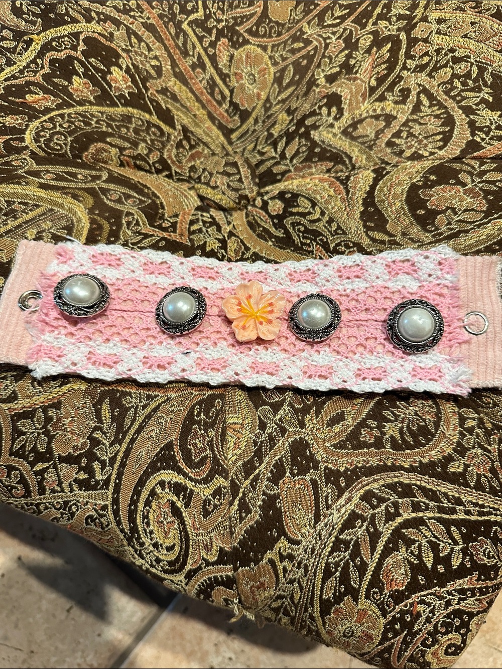 Pink Lace Pearl-Button Wrist Cuff with Floral Accent